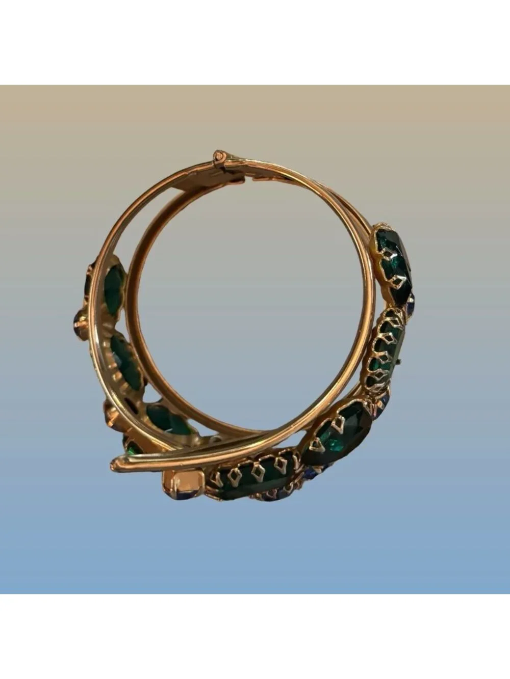 Gold Tone Hinged Bangle Green Blue Rhinestone Art Deco Statement Bracelet Vintag